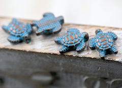 Antique Copper Blue Sea Turtle Animal Patina Bead About 13mm x 12mm, 10pc