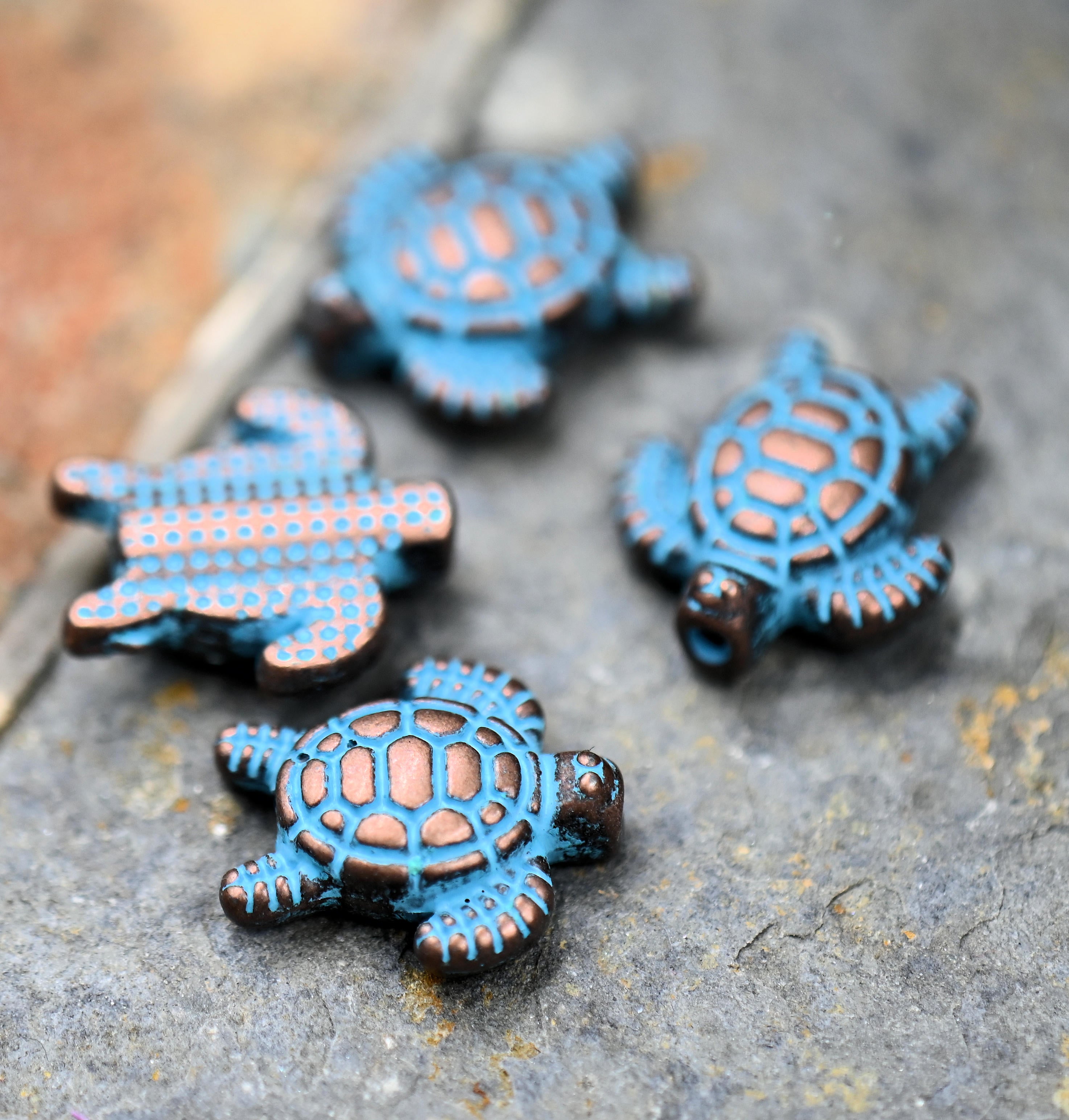 Antique Copper Blue Sea Turtle Animal Patina Bead About 13mm x 12mm, 5pc