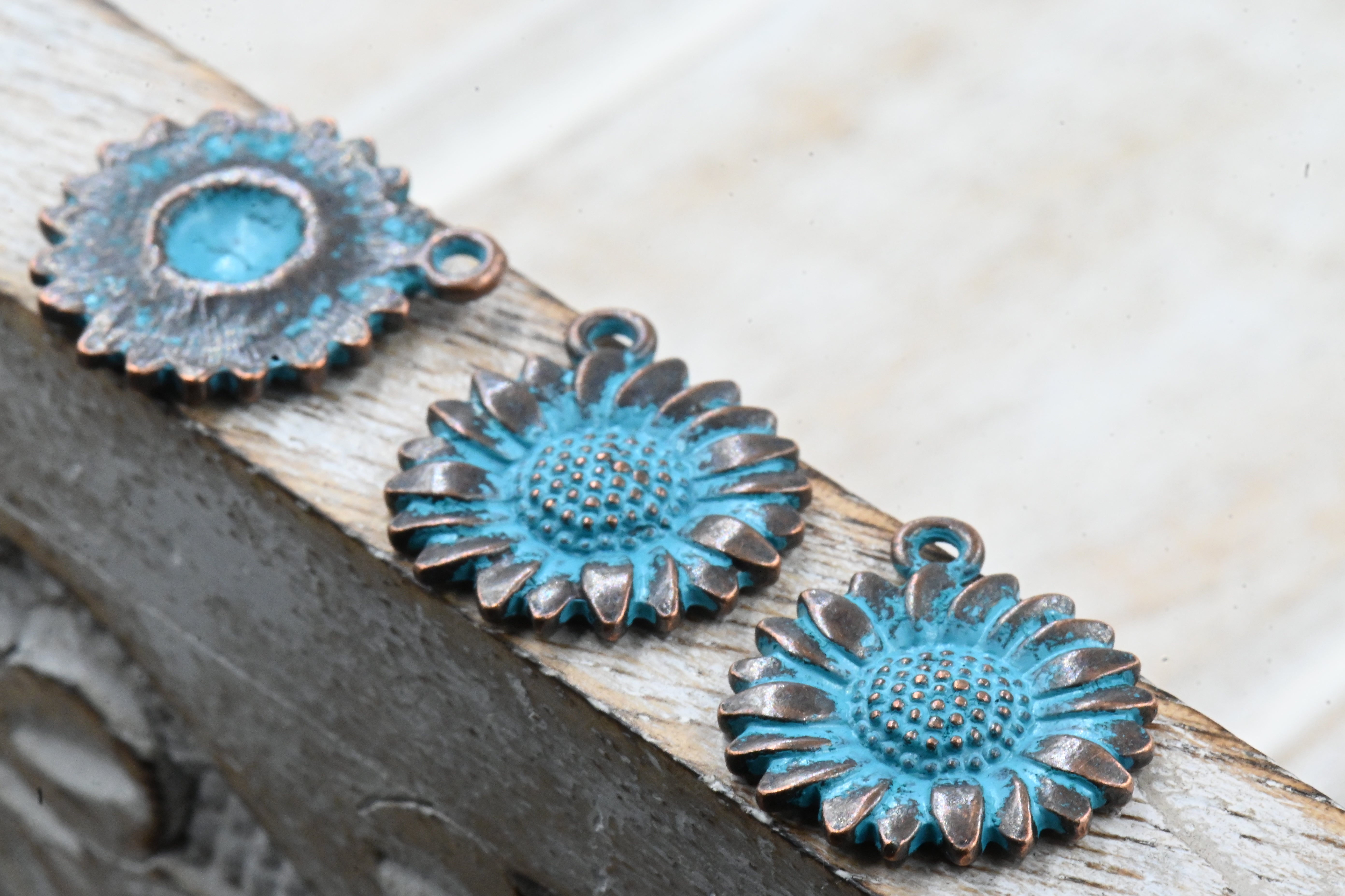 Antique Copper Blue Sunflower Patina 19.5mm x 17mm Charm, 5pc