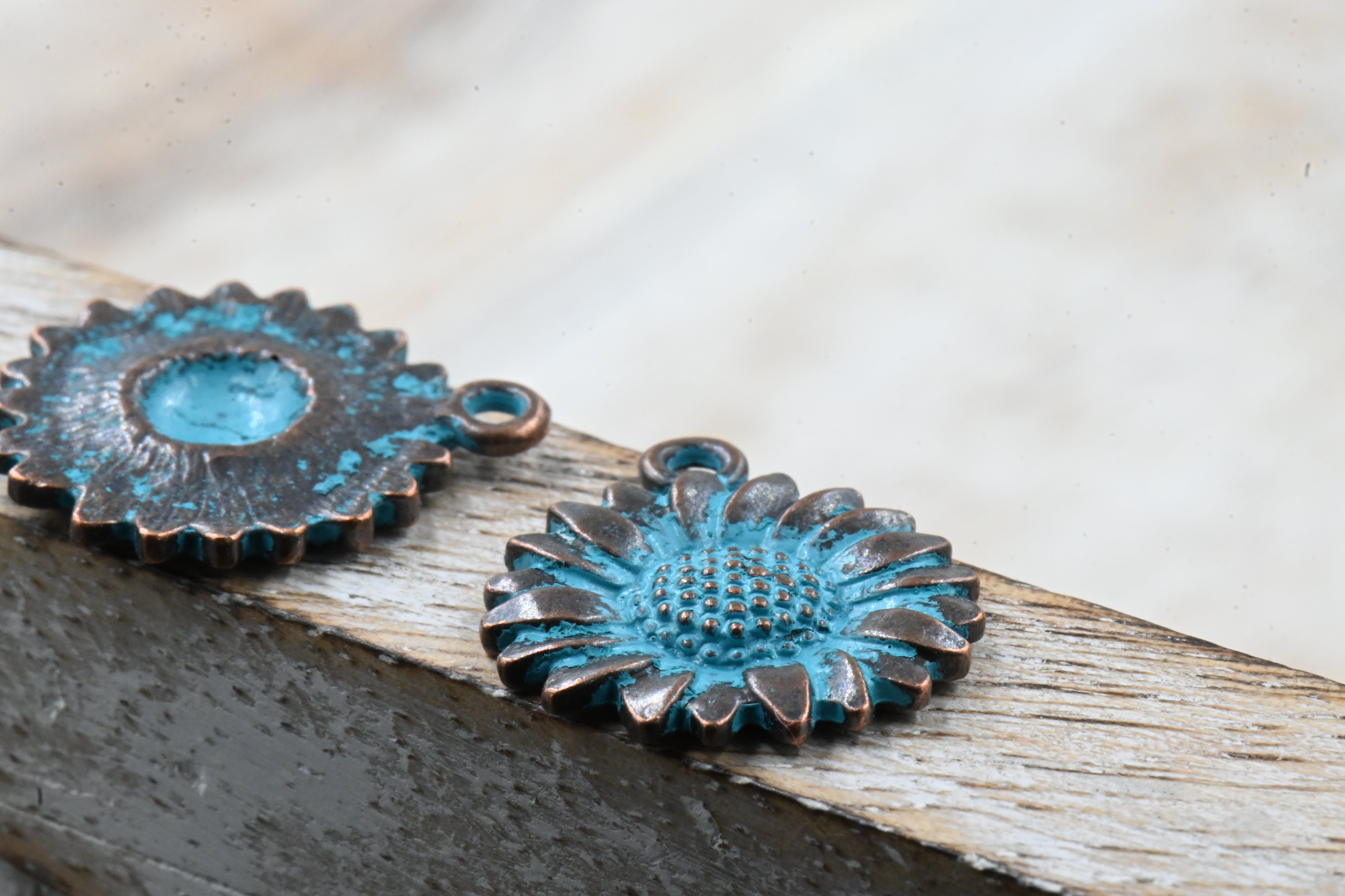 Antique Copper Blue Sunflower Patina 19.5mm x 17mm Charm, 5pc