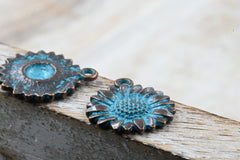 Antique Copper Blue Sunflower Patina 19.5mm x 17mm Charm, 10pc