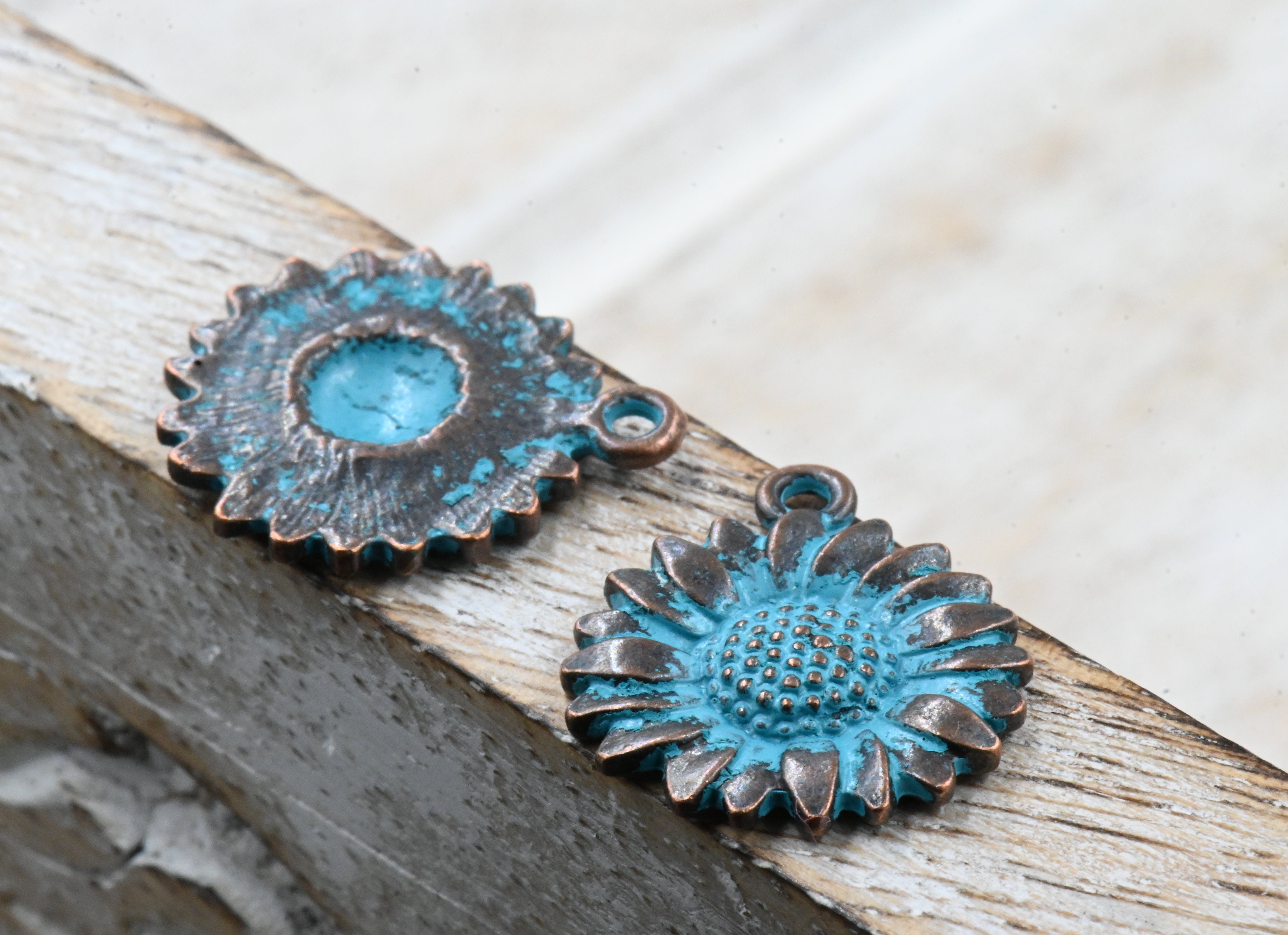 Antique Copper Blue Sunflower Patina 19.5mm x 17mm Charm, 10pc