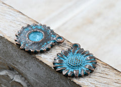 Antique Copper Blue Sunflower Patina 19.5mm x 17mm Charm, 5pc