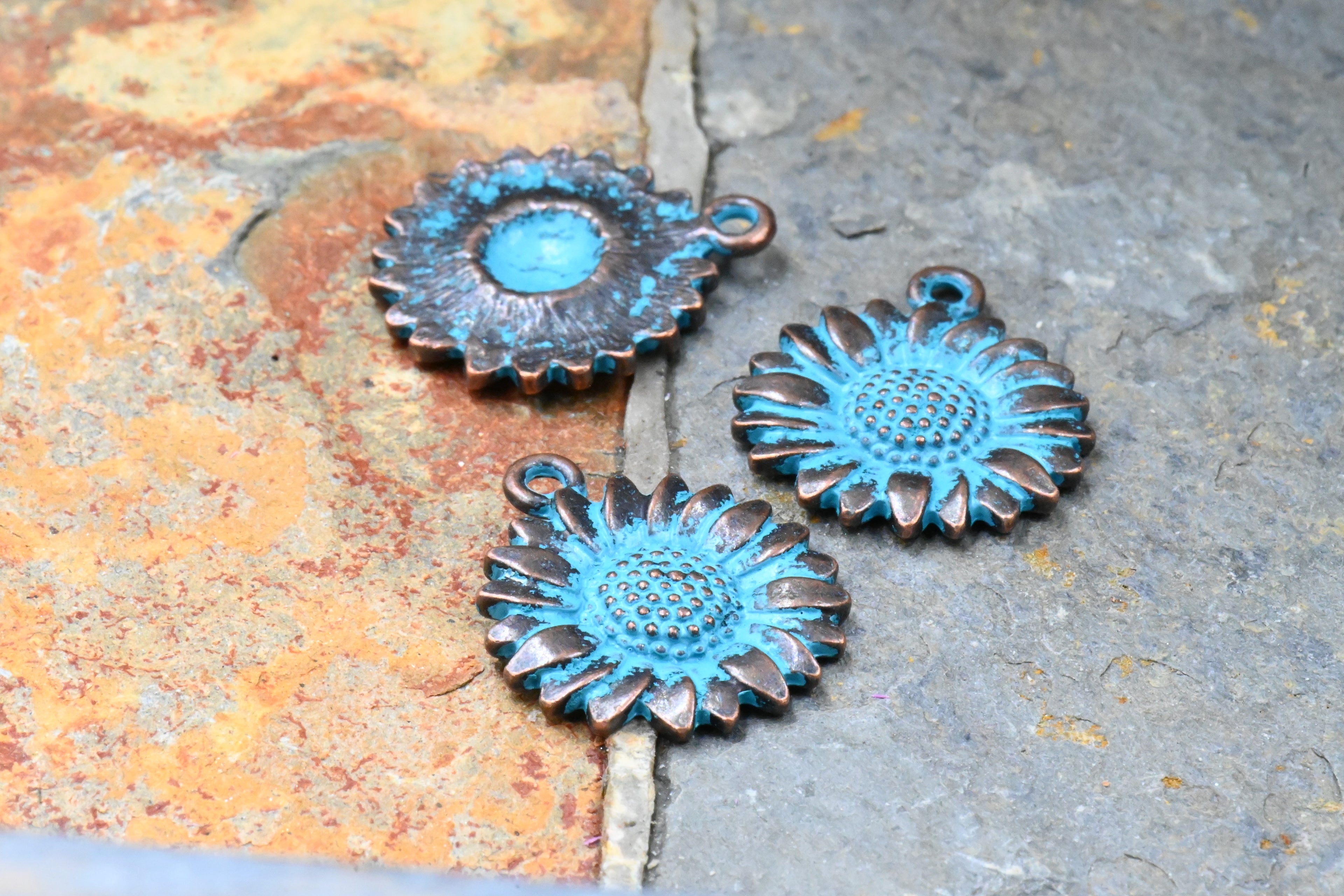 Antique Copper Blue Sunflower Patina 19.5mm x 17mm Charm, 5pc