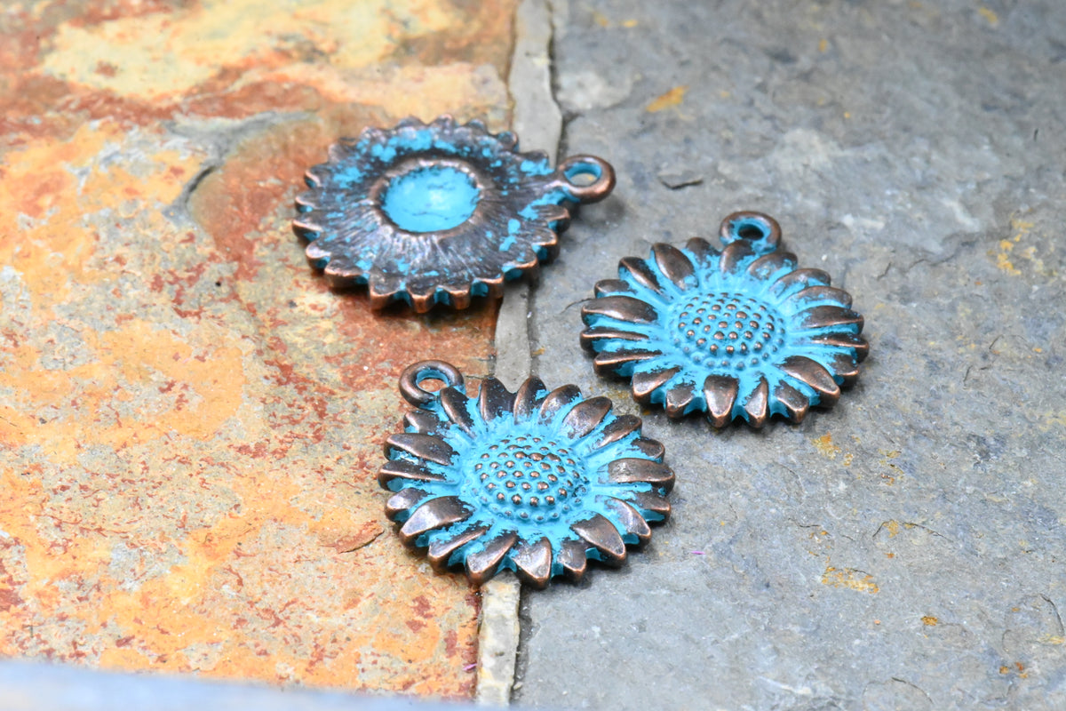 Antique Copper Blue Sunflower Patina 19.5mm x 17mm Charm, 5pc