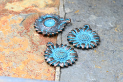 Antique Copper Blue Sunflower Patina 19.5mm x 17mm Charm, 10pc