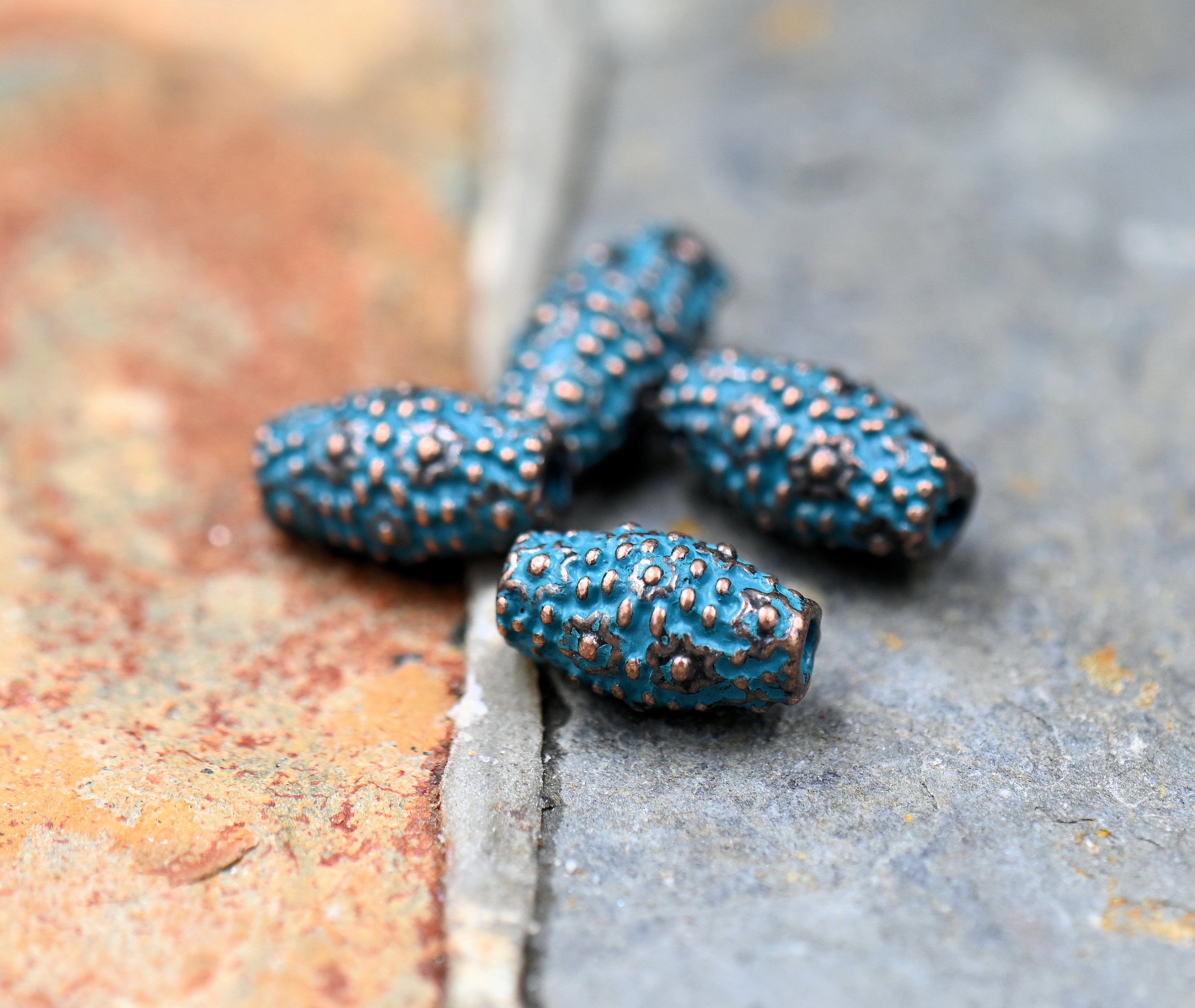 Patina Spacer Beads Antique Copper Blue Barrel Dot 10mm x 5.5mm, 10pc