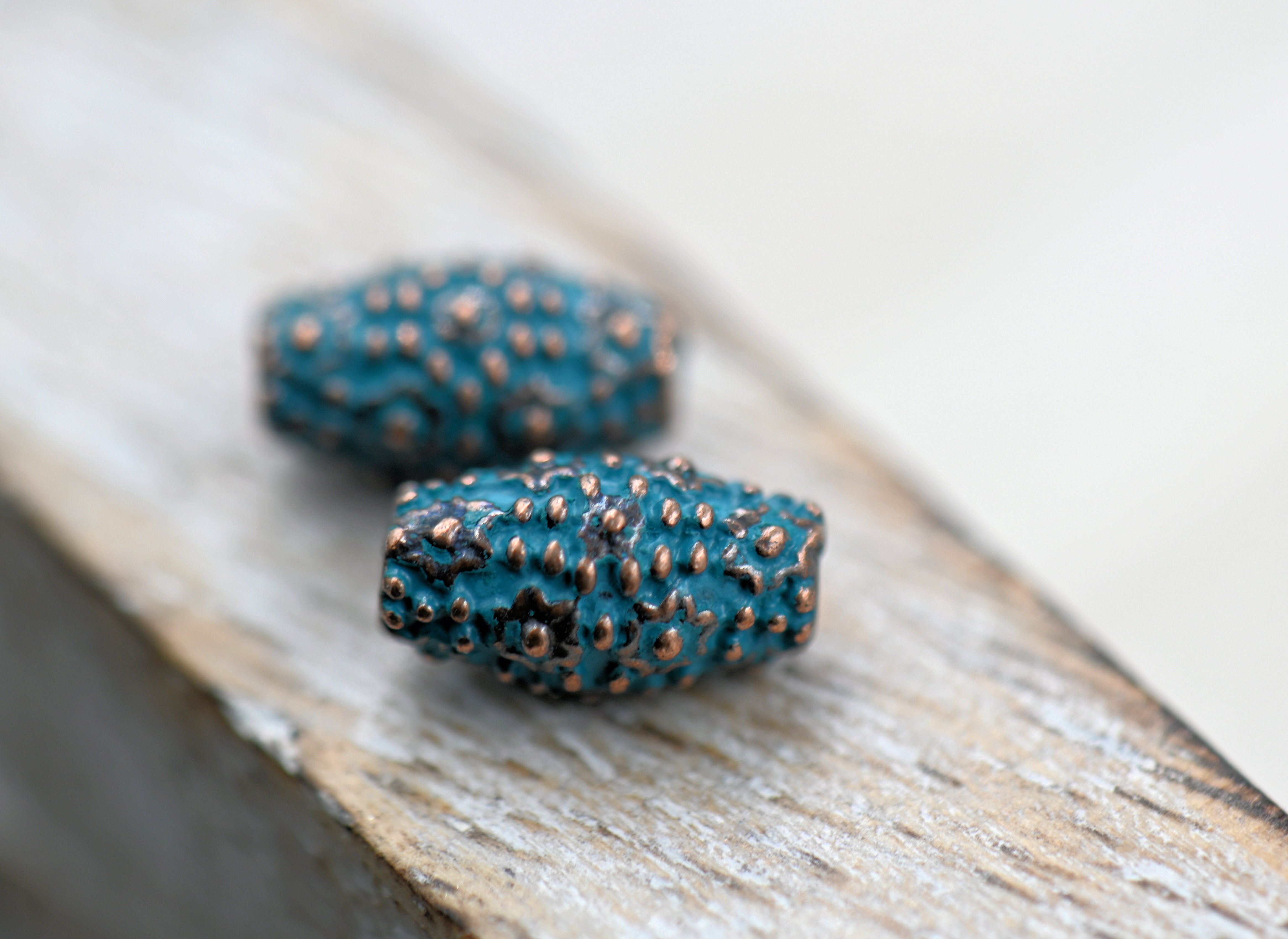 Patina Spacer Beads Antique Copper Blue Barrel Dot 10mm x 5.5mm, 10pc