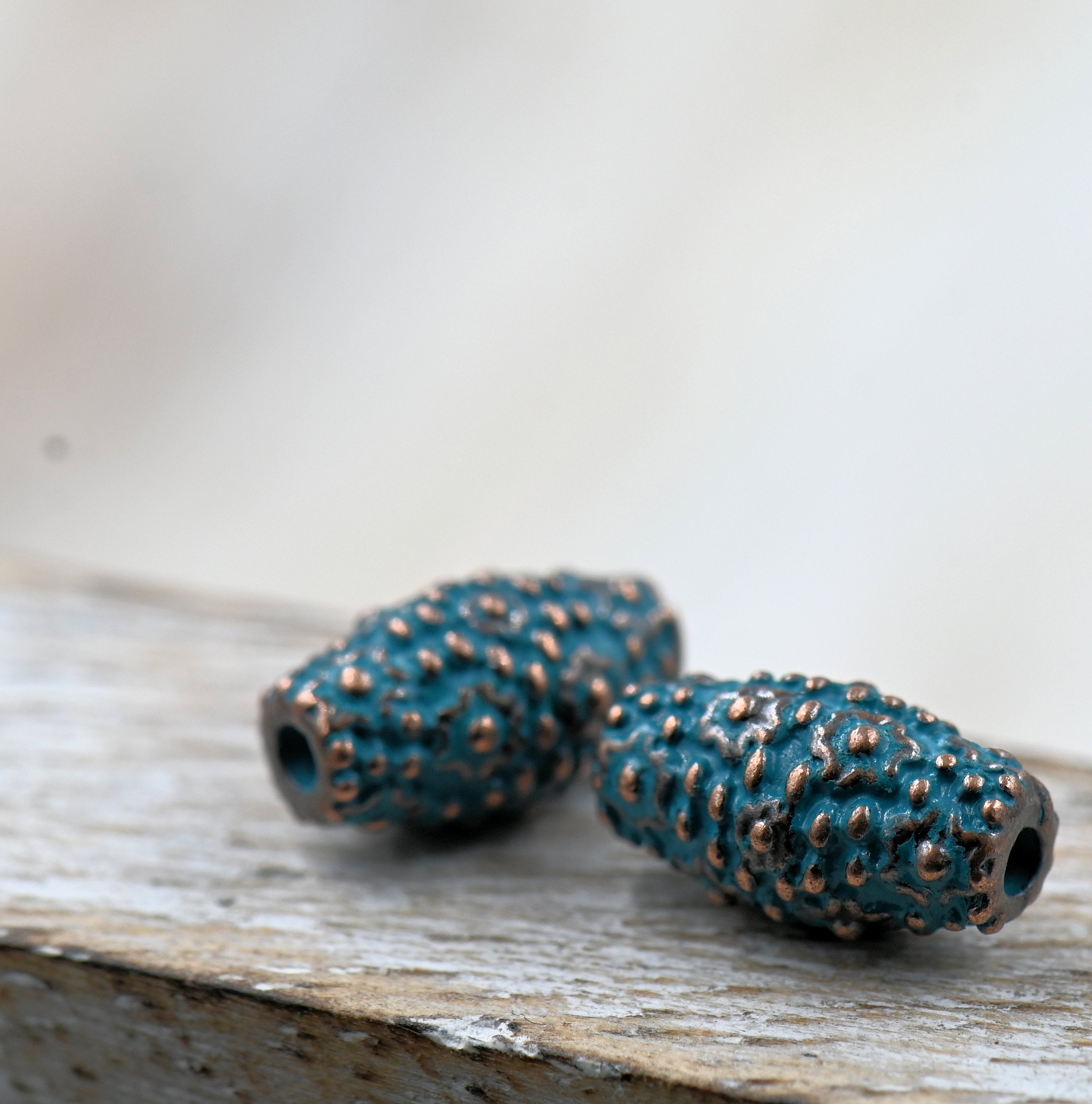 Patina Spacer Beads Antique Copper Blue Barrel Dot 10mm x 5.5mm, 10pc