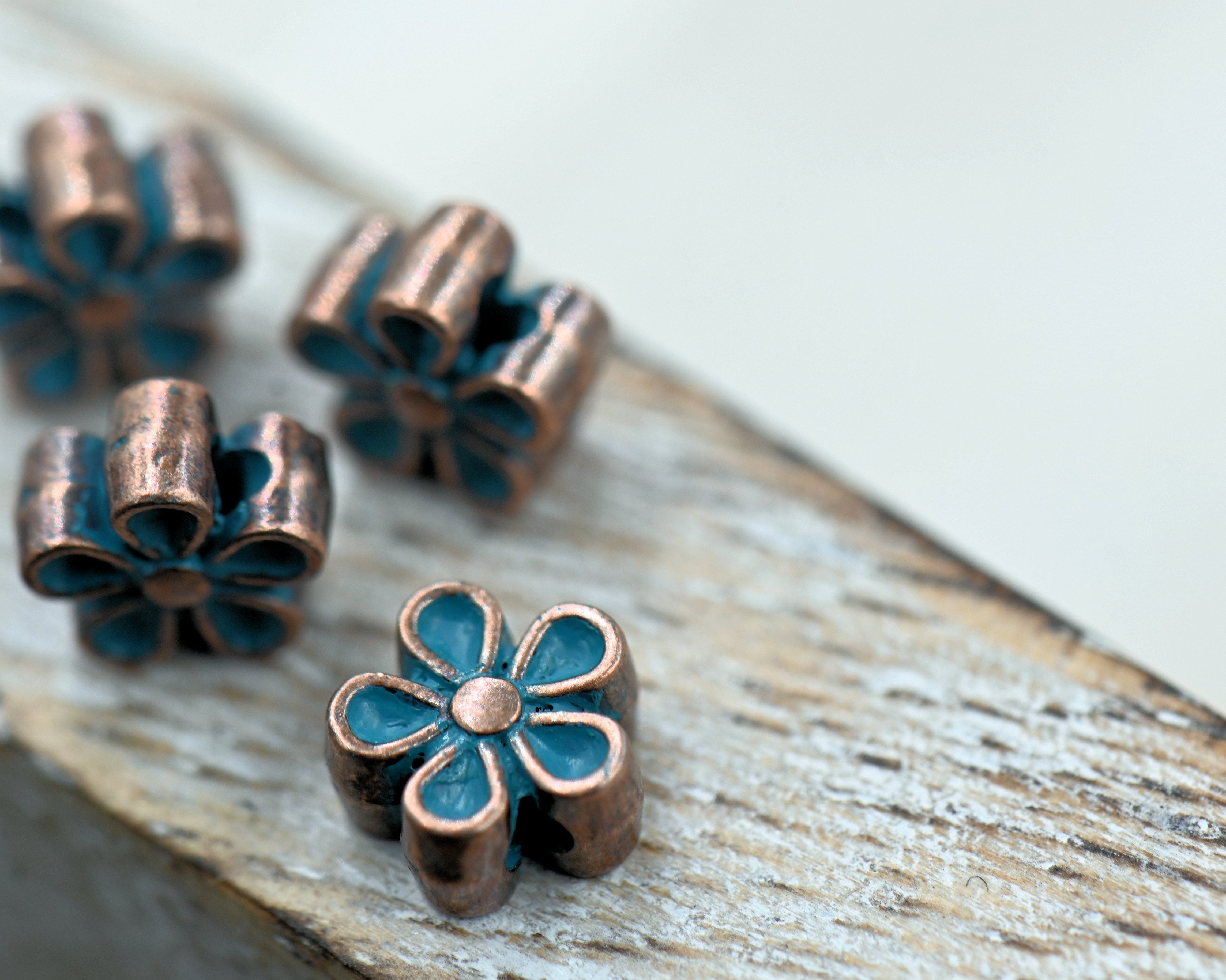 Patina Spacer Beads Antique Copper Blue Flower About 7mm x 6.5mm, 25pc