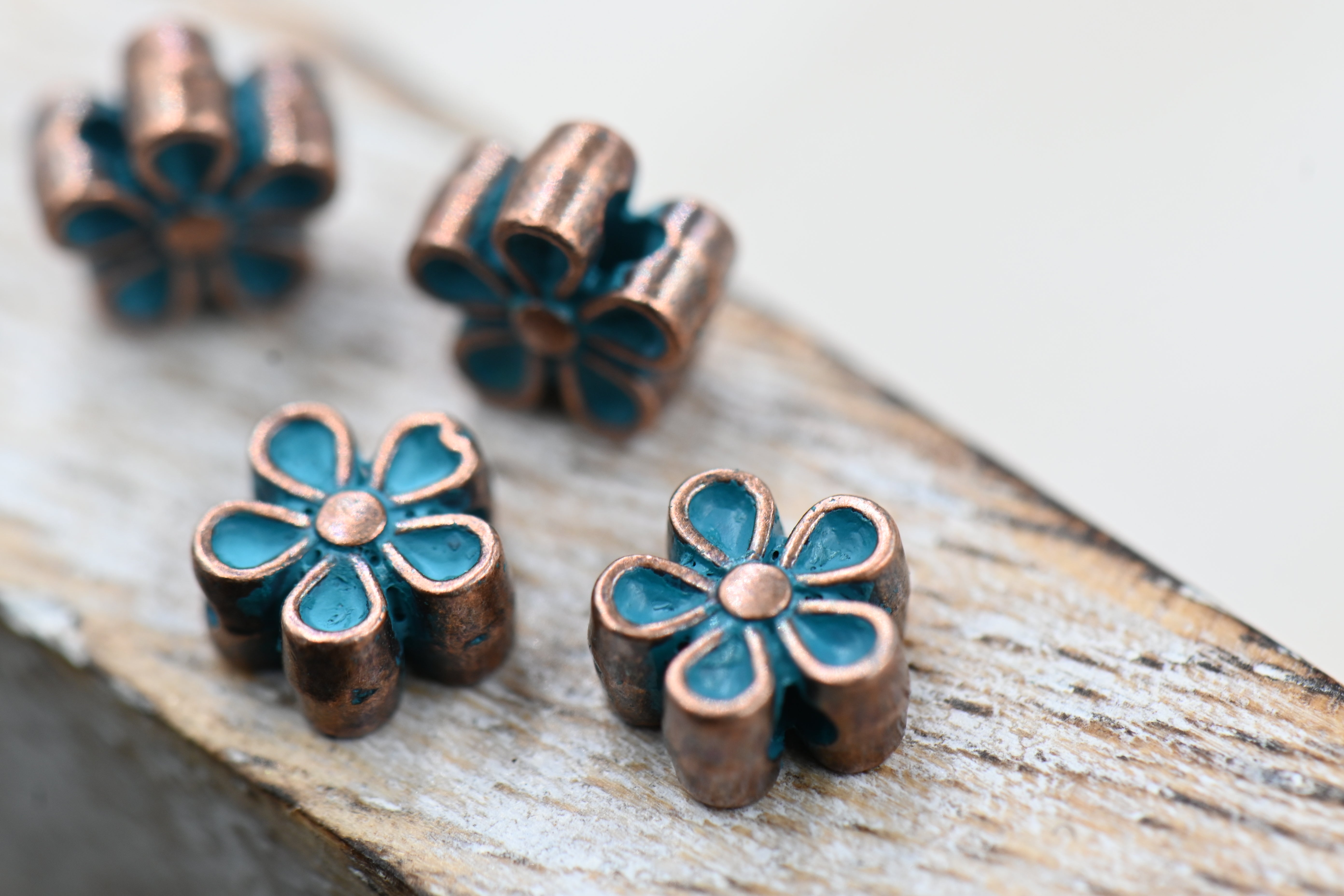 Patina Spacer Beads Antique Copper Blue Flower About 7mm x 6.5mm, 50pc