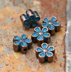 Patina Spacer Beads Antique Copper Blue Flower About 7mm x 6.5mm, 50pc