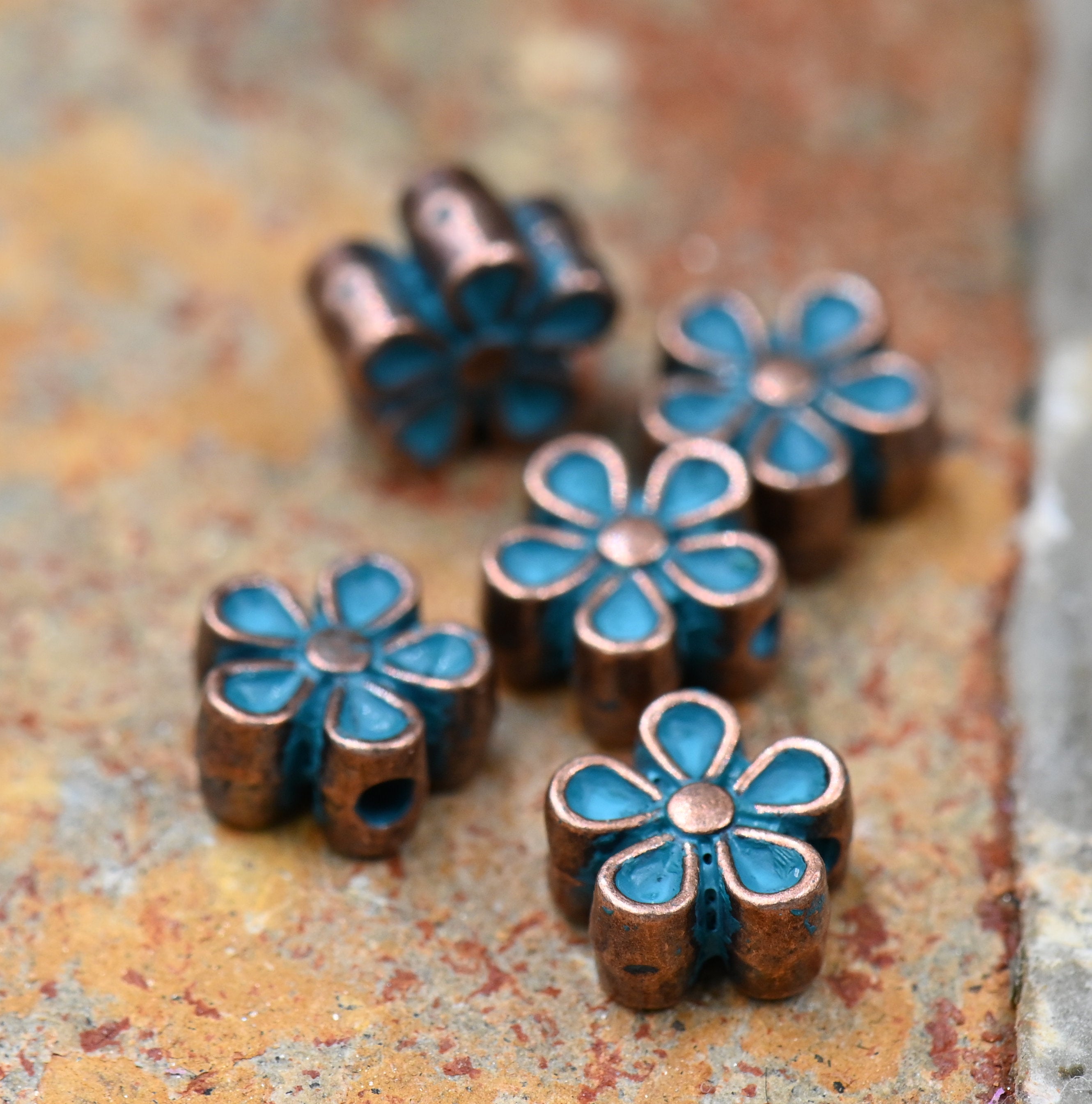 Patina Spacer Beads Antique Copper Blue Flower About 7mm x 6.5mm, 25pc