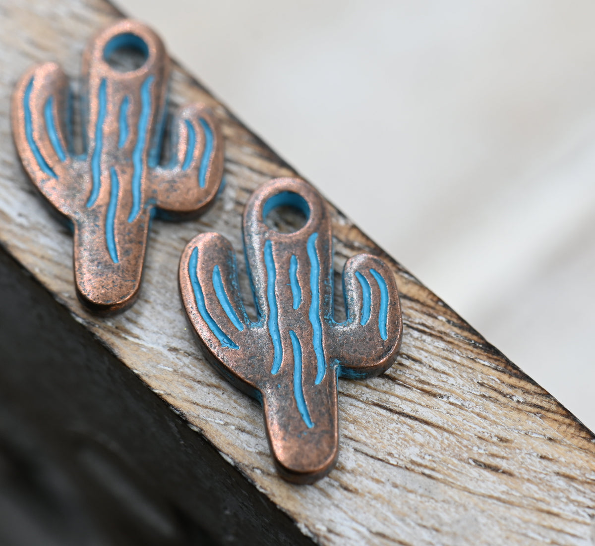 Antique Copper Blue Cactus Patina Charm 19mm x 13mm, 10pc