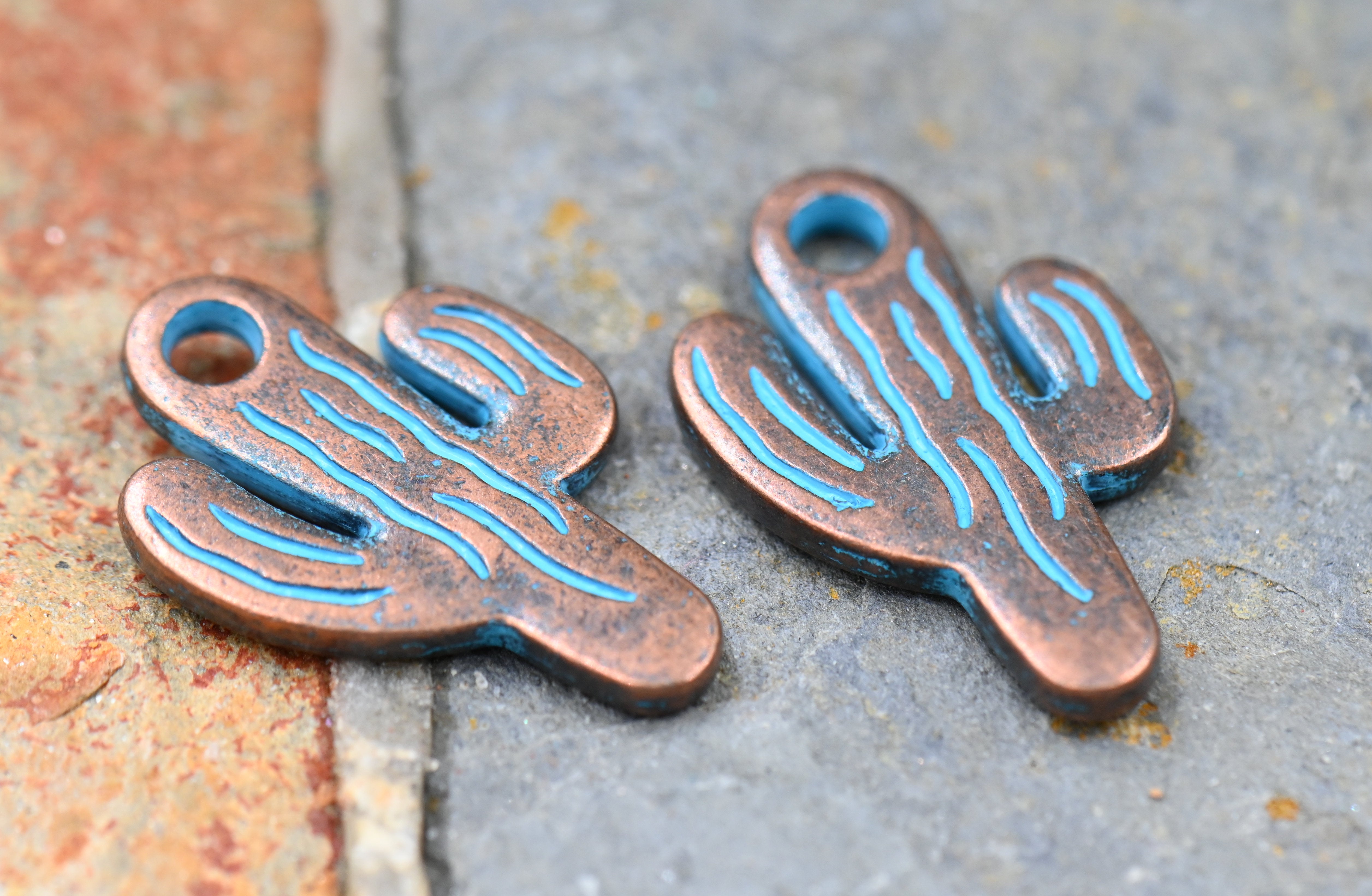 Antique Copper Blue Cactus Patina Charm 19mm x 13mm, 20pc