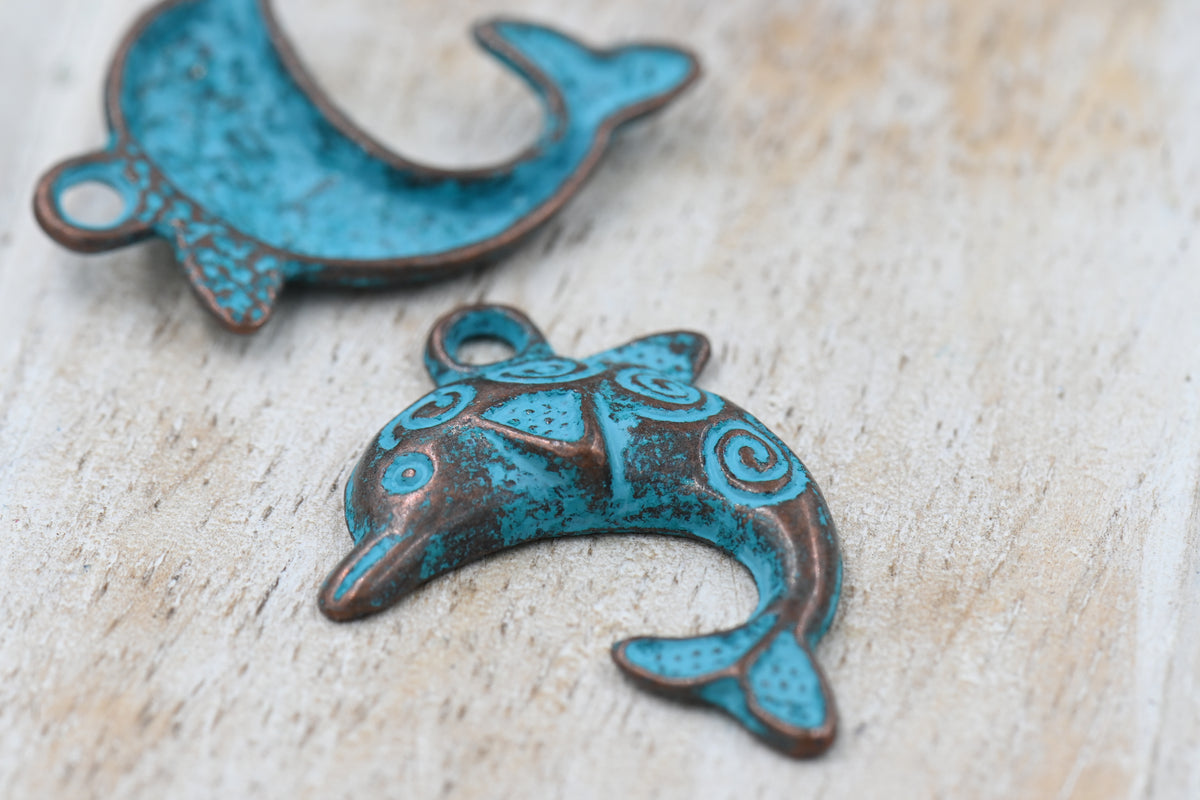 Antique Copper Blue Dolphin Charm, 10pc