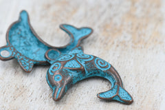 Antique Copper Blue Dolphin Charm, 20pc