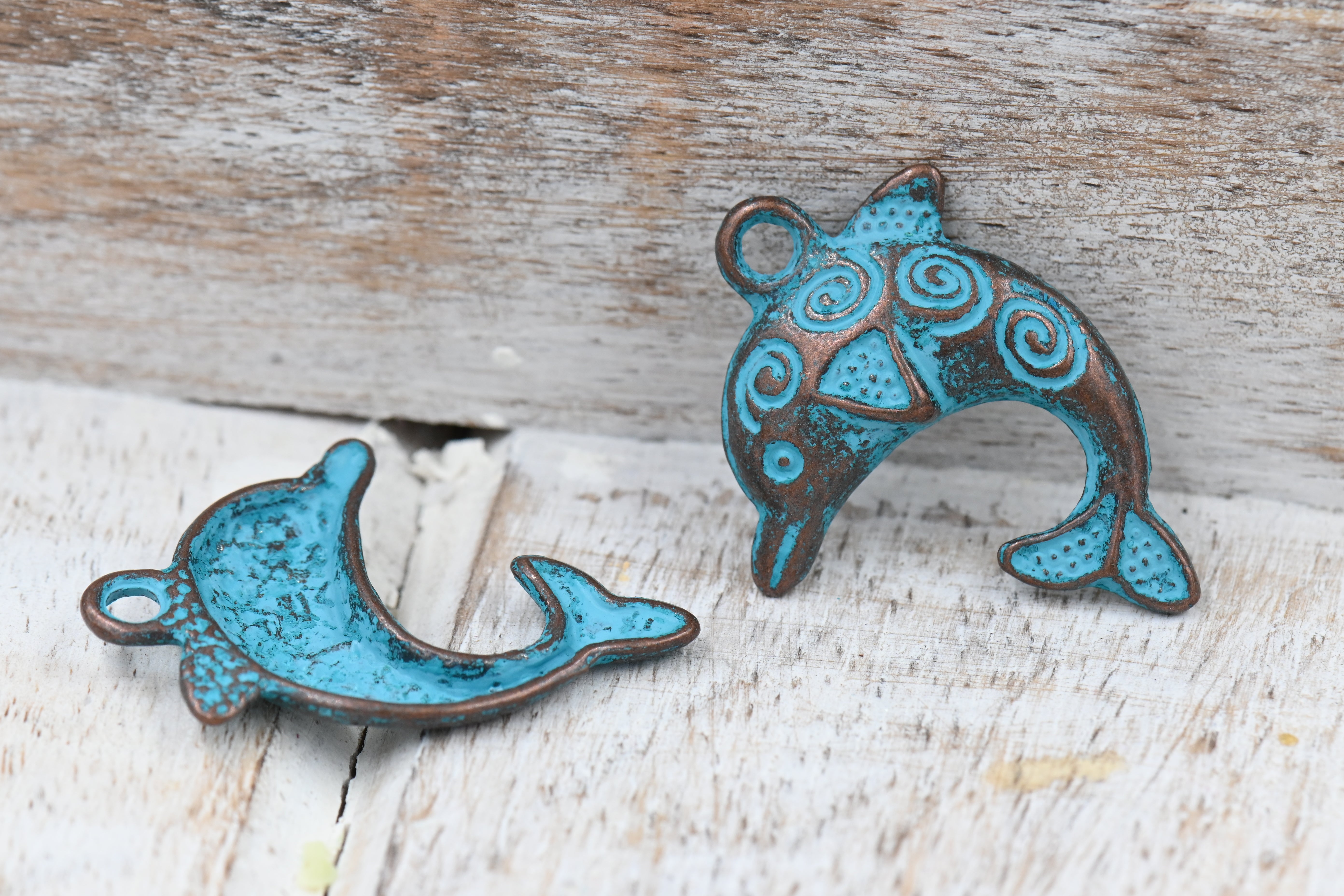 Antique Copper Blue Dolphin Charm, 10pc