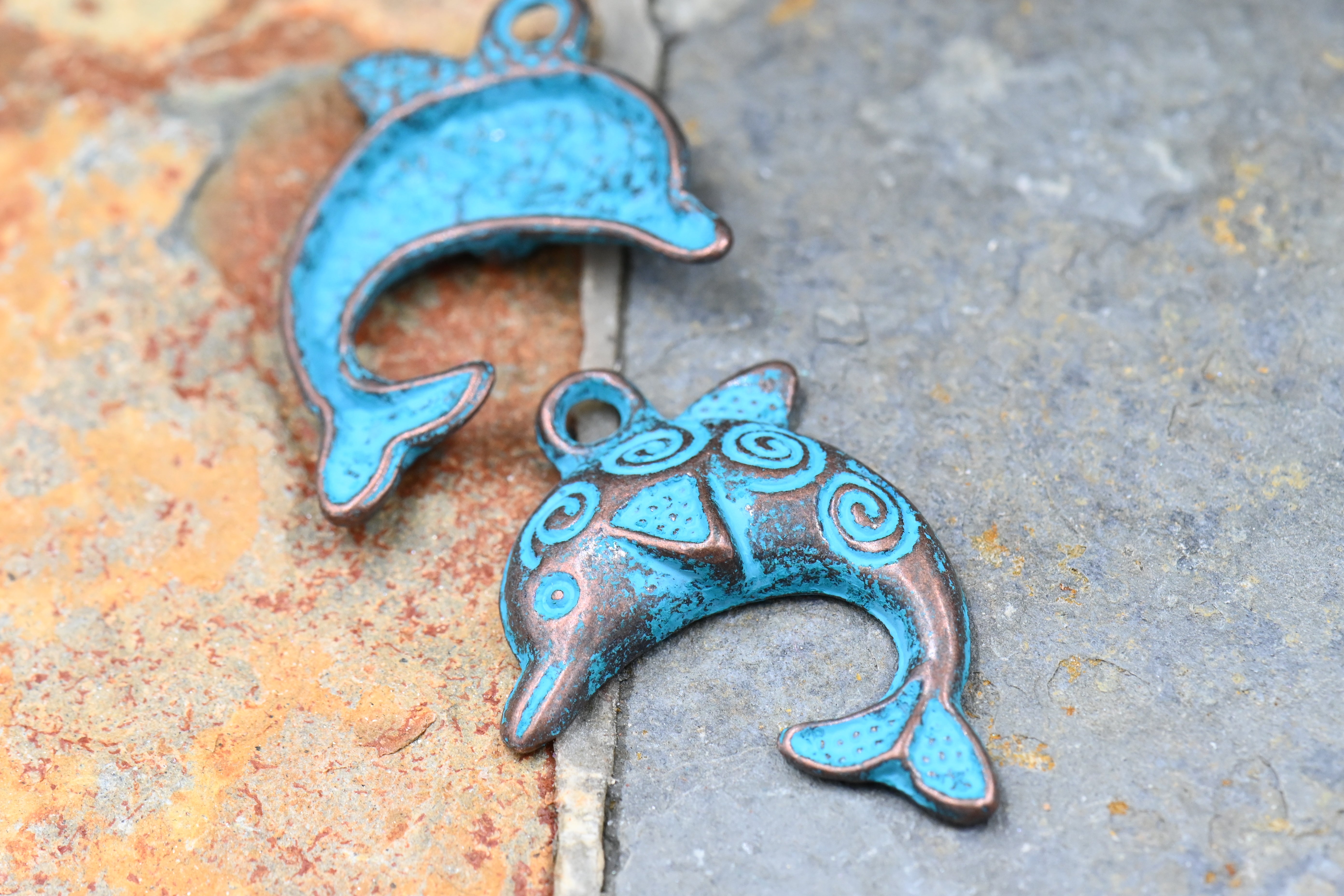 Antique Copper Blue Dolphin Charm, 20pc