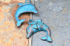 Antique Copper Blue Dolphin Charm, 20pc