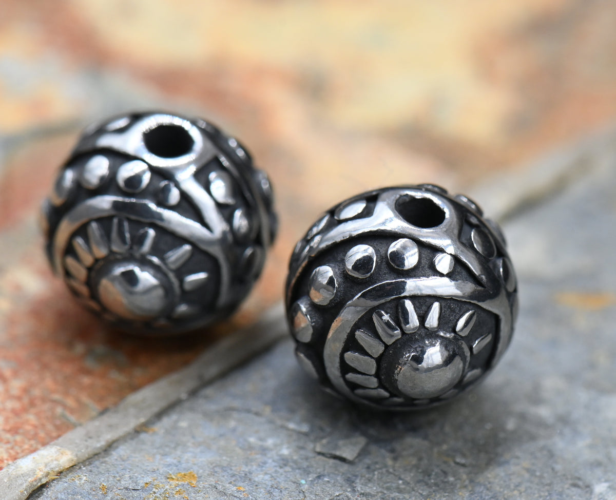 304 Stainless Steel Beads, Round with Sun, Antique Silver, 11.5x12.5mm