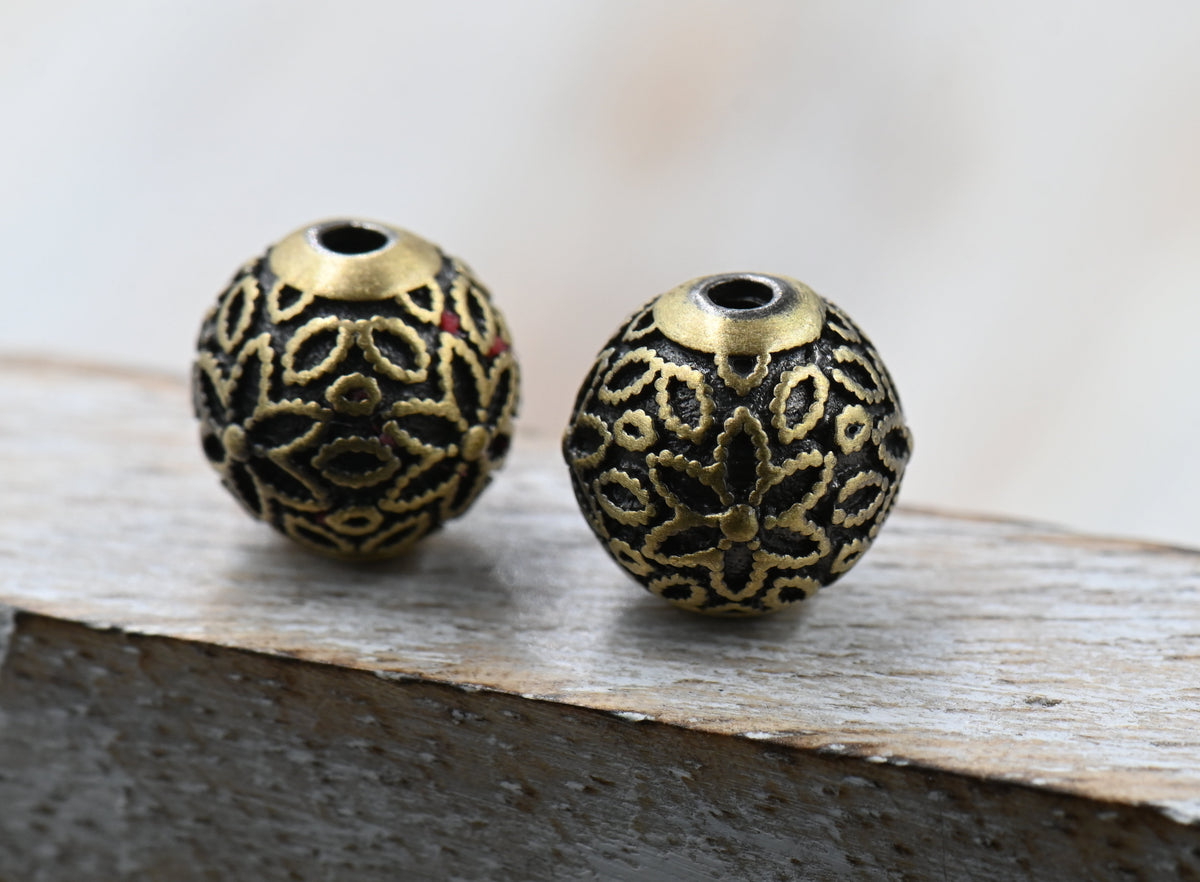 Tibetan Style Brass Beads, 10mm Round, Antique Bronze, 2pc