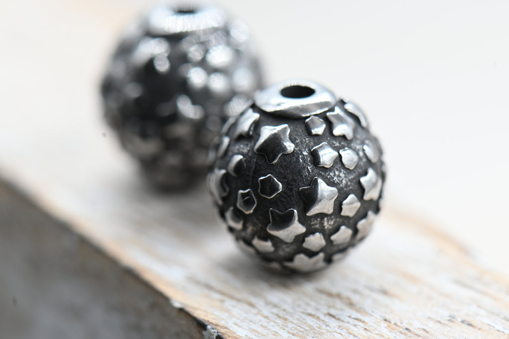 304 Stainless Steel Beads, 1pc, Round with Star Pattern, Antique Silver, 9.5x9mm