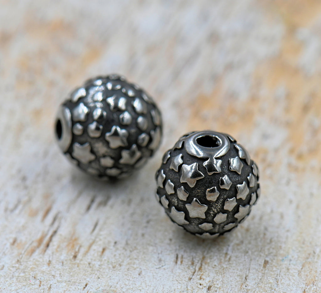 304 Stainless Steel Beads, 1pc, Round with Star Pattern, Antique Silver, 9.5x9mm
