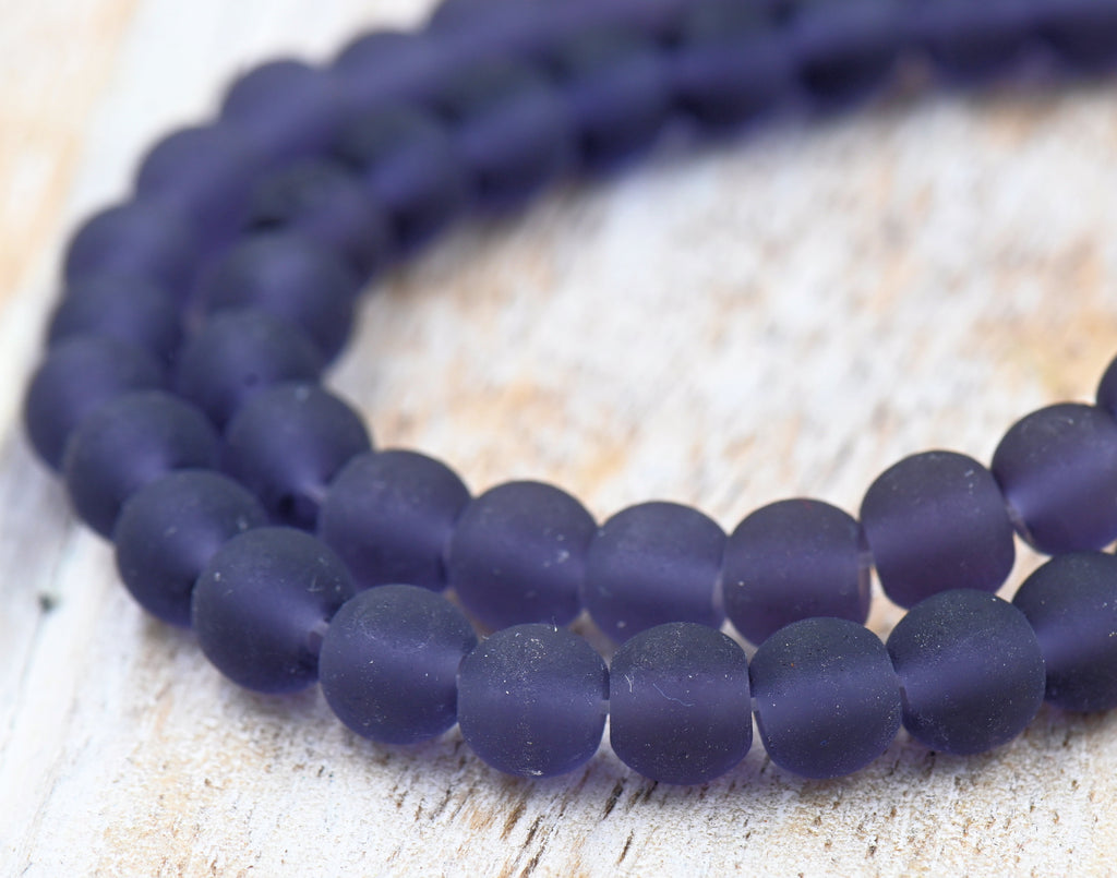 Smoky Plum Purple Frosted Matte Cultured Sea Glass 6mm Round Beads, 14.75" Strand