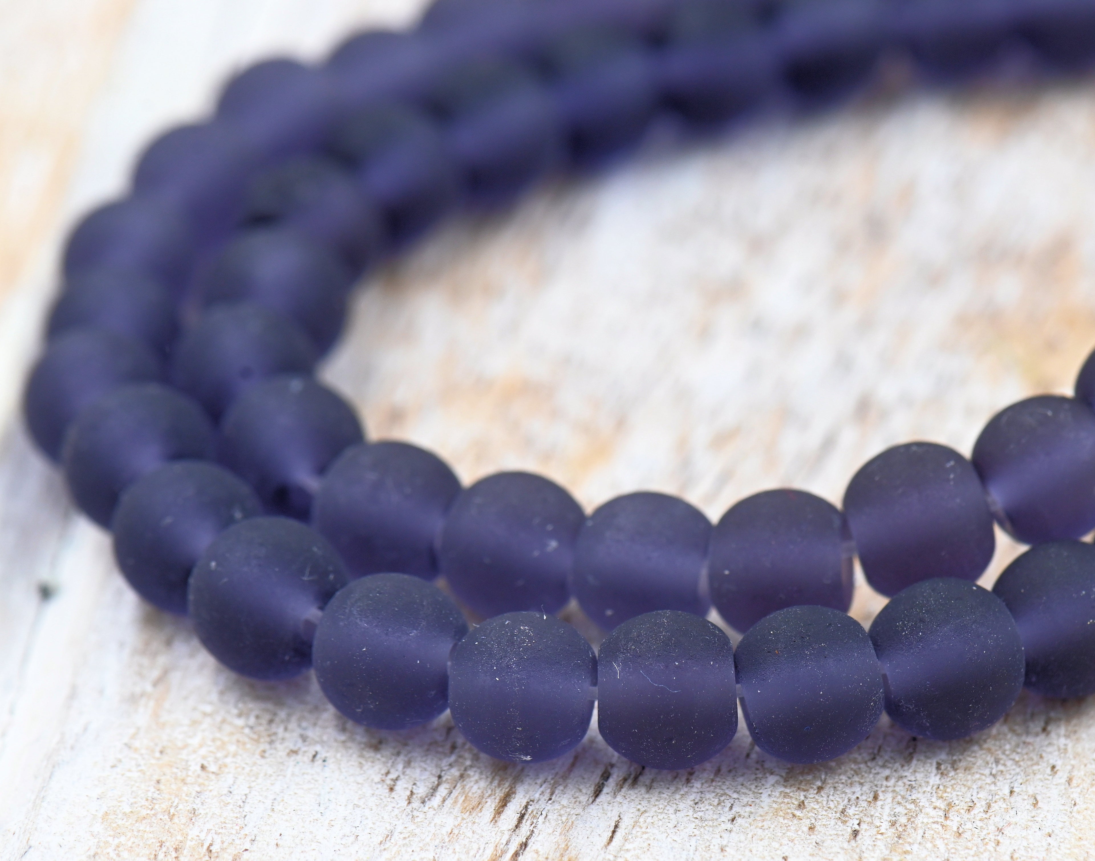 Smoky Plum Purple Frosted Matte Cultured Sea Glass 6mm Round Beads, 14.75" Strand