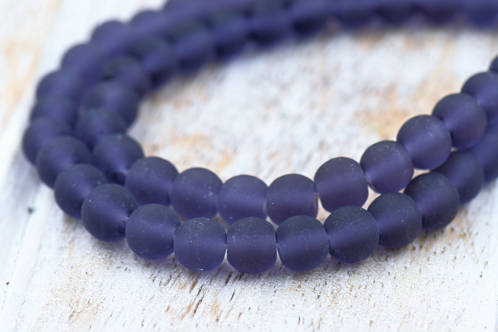 Smoky Plum Purple Frosted Matte Cultured Sea Glass 6mm Round Beads, 14.75" Strand