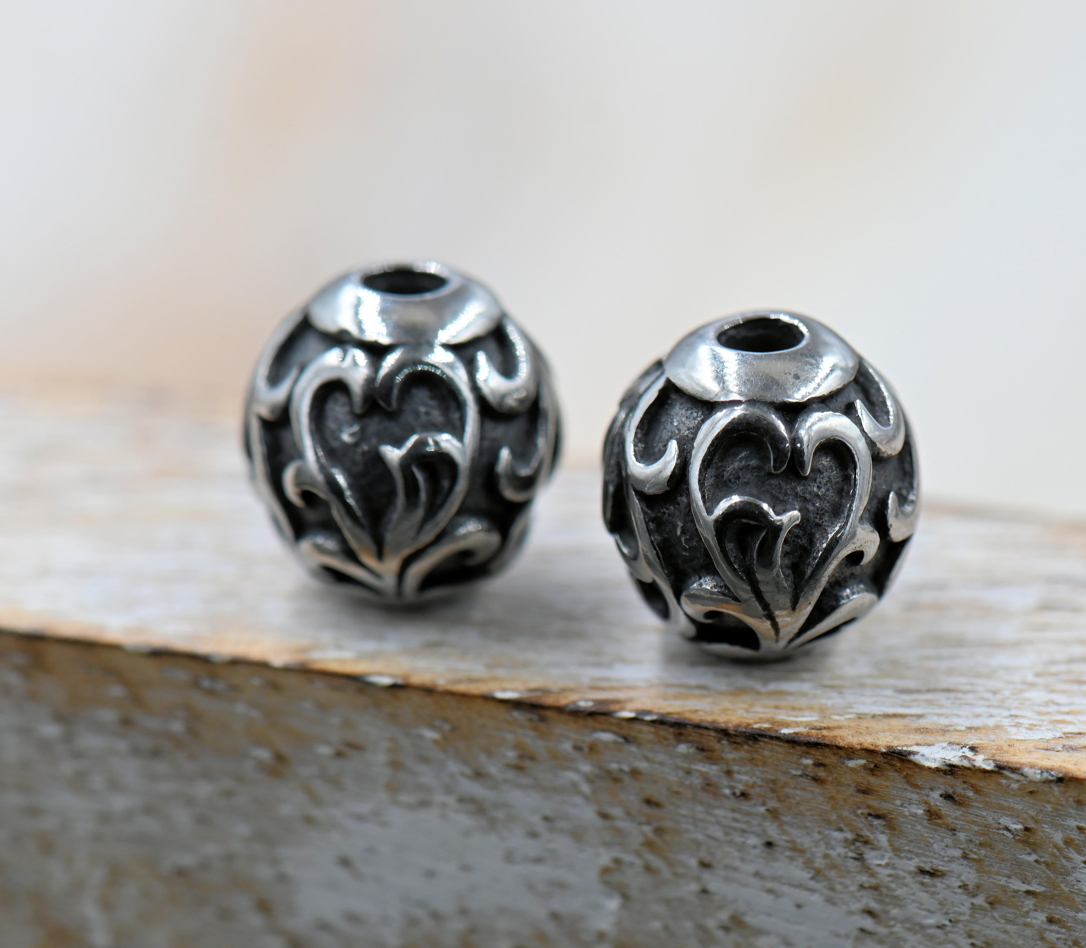 Stainless Steel Beads, 1PC, Round, Heart Design, Antique Silver, 10mm