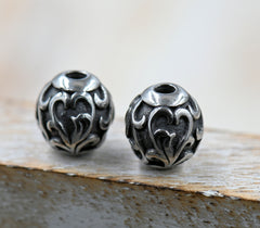 Stainless Steel Beads, 1PC, Round, Heart Design, Antique Silver, 10mm