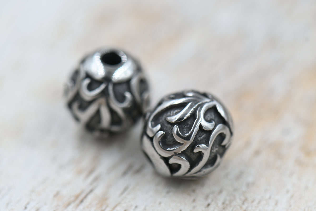 Stainless Steel Beads, 1PC, Round, Heart Design, Antique Silver, 10mm