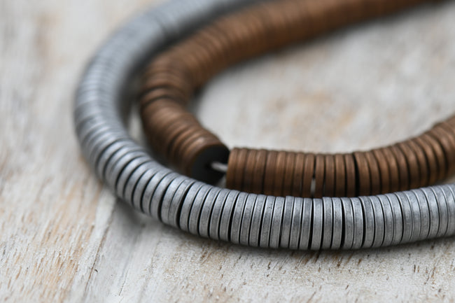 TWO STRANDS Hematite Beads Strands, Heishi Beads, Disc/Flat Round, Frosted, Platinum or Copper Plated, 6x1mm Main Image