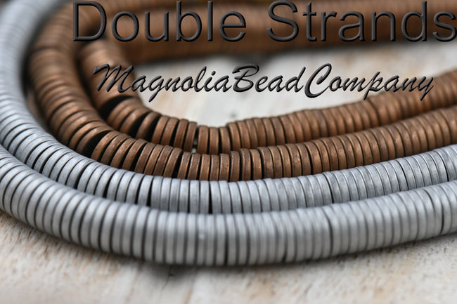 TWO STRANDS Hematite Beads Strands, Heishi Beads, Disc/Flat Round, Frosted, Platinum or Copper Plated, 6x1mm Hover Image