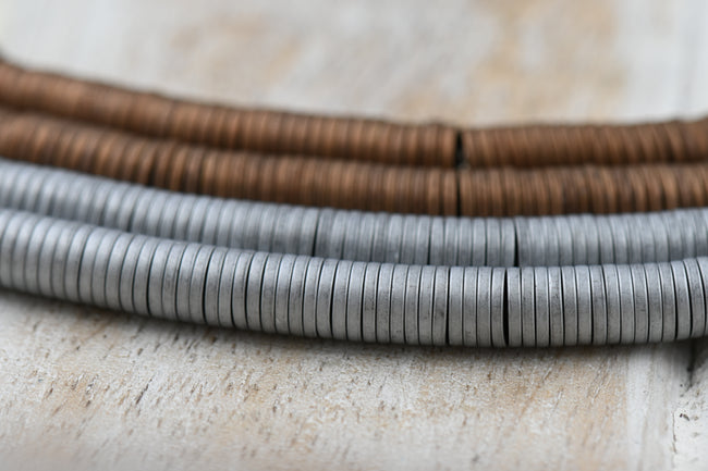 Hematite Beads Strands, Heishi Beads, Disc/Flat Round, Frosted, Platinum or Copper Plated, 6x1mm Hover Image