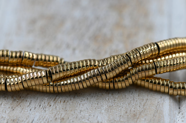 Gold Hematite Beads Strands, Long-Lasting Plated, Heishi Beads, Flat Round/Disc, Golden Plated, 4.5mm Hover Image