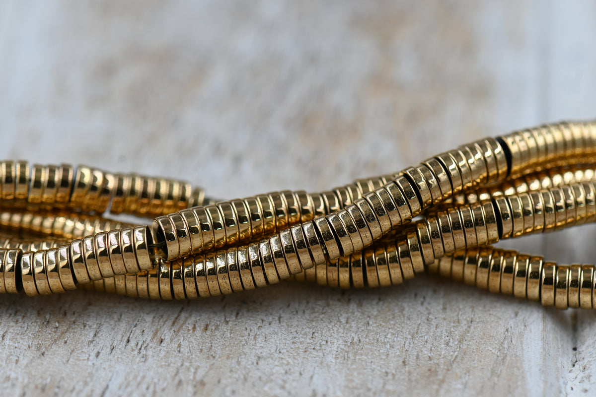 Gold Hematite Beads Strands, Long-Lasting Plated, Heishi Beads, Flat Round/Disc, Golden Plated, 4.5mm