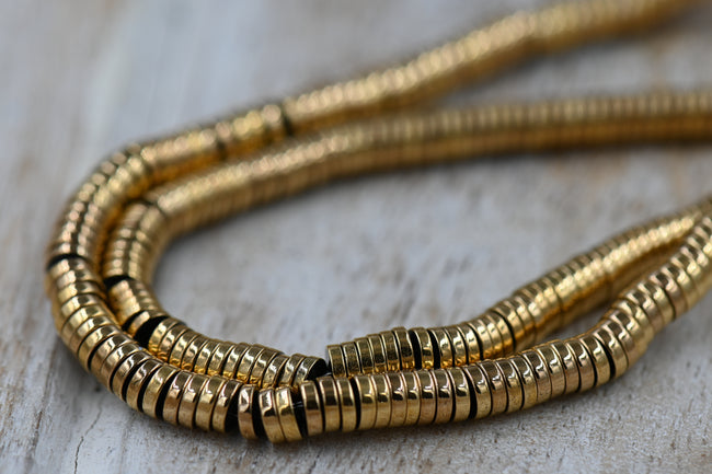 Gold Hematite Beads Strands, Long-Lasting Plated, Heishi Beads, Flat Round/Disc, Golden Plated, 4.5mm Main Image