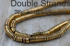 TWO STRANDS Gold Hematite Heishi Beads, Flat Round/Disc, Golden Plated, 4.5mm