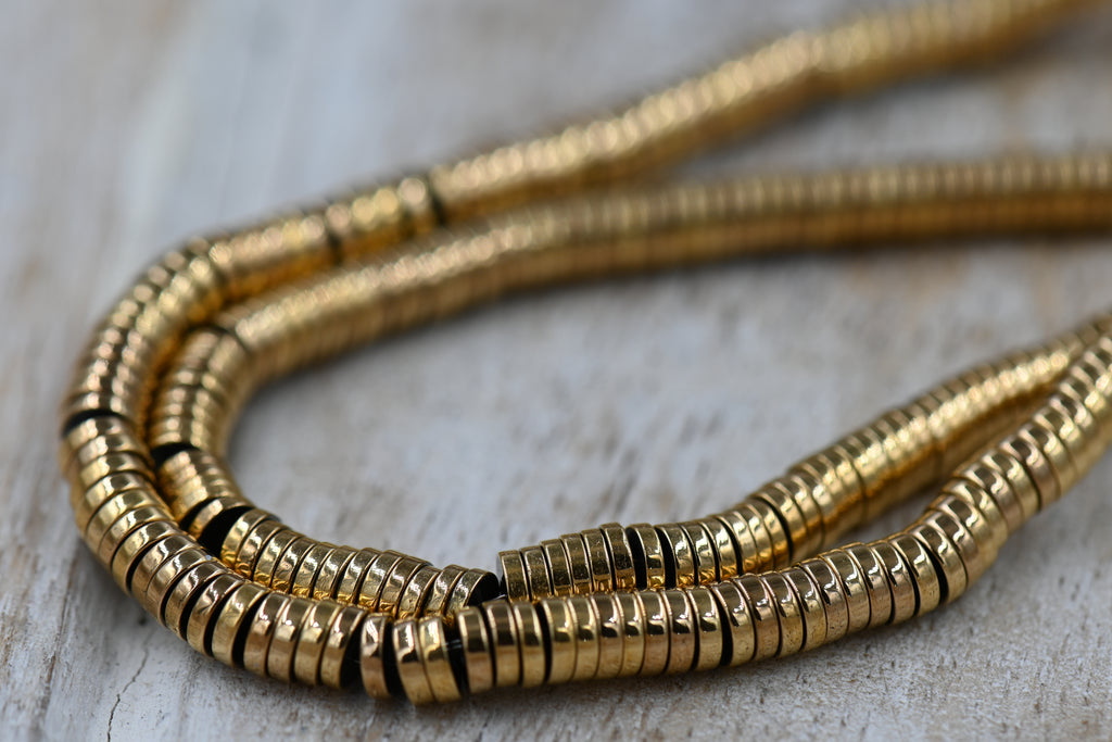 TWO STRANDS Gold Hematite Heishi Beads, Flat Round/Disc, Golden Plated, 4.5mm