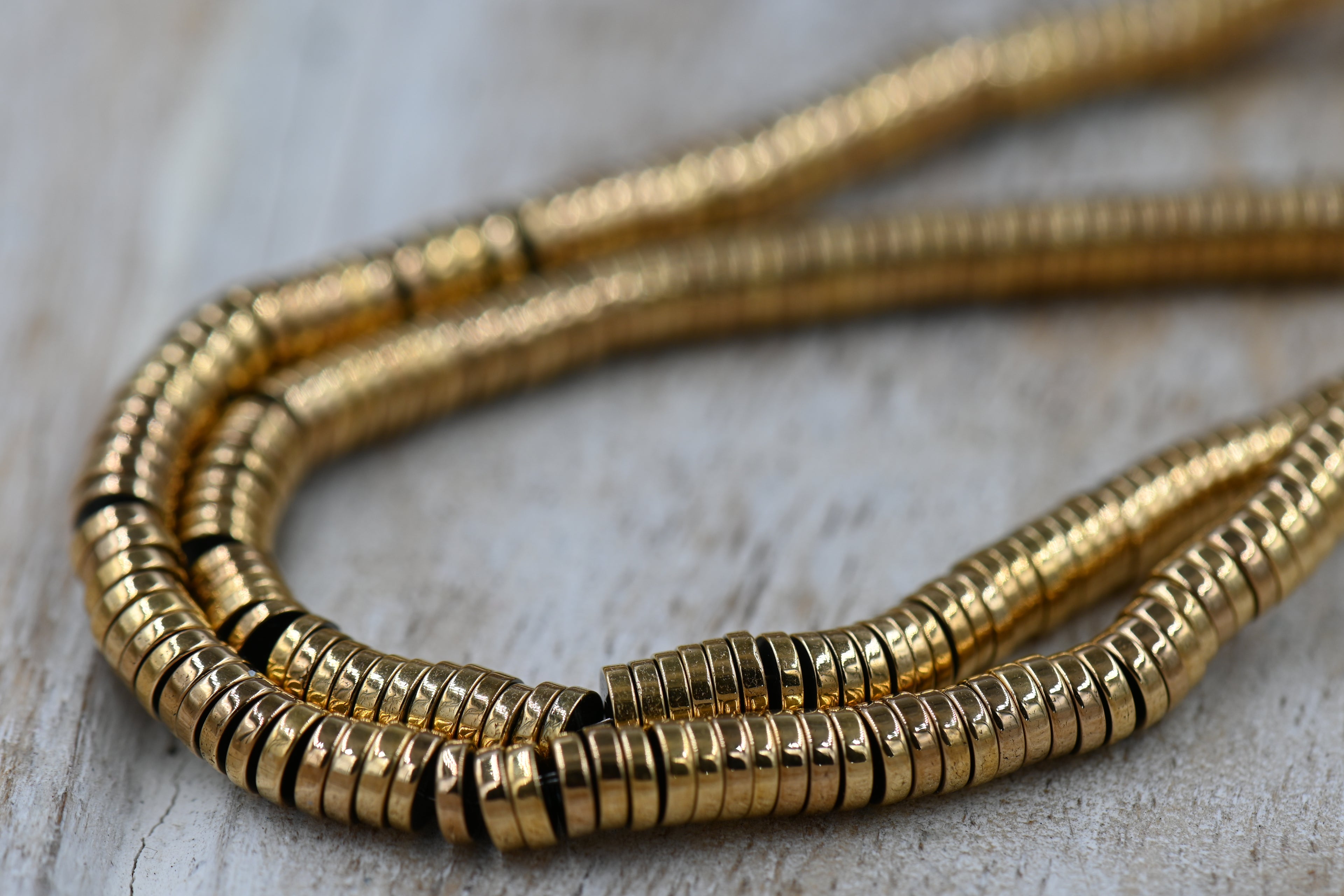 TWO STRANDS Gold Hematite Heishi Beads, Flat Round/Disc, Golden Plated, 4.5mm