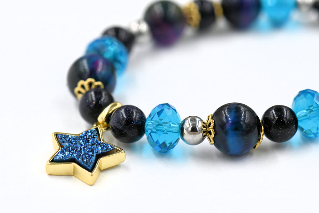 Galaxy Tiger's Eye Purple Blue Star Druzy Stretch Charm Bracelet