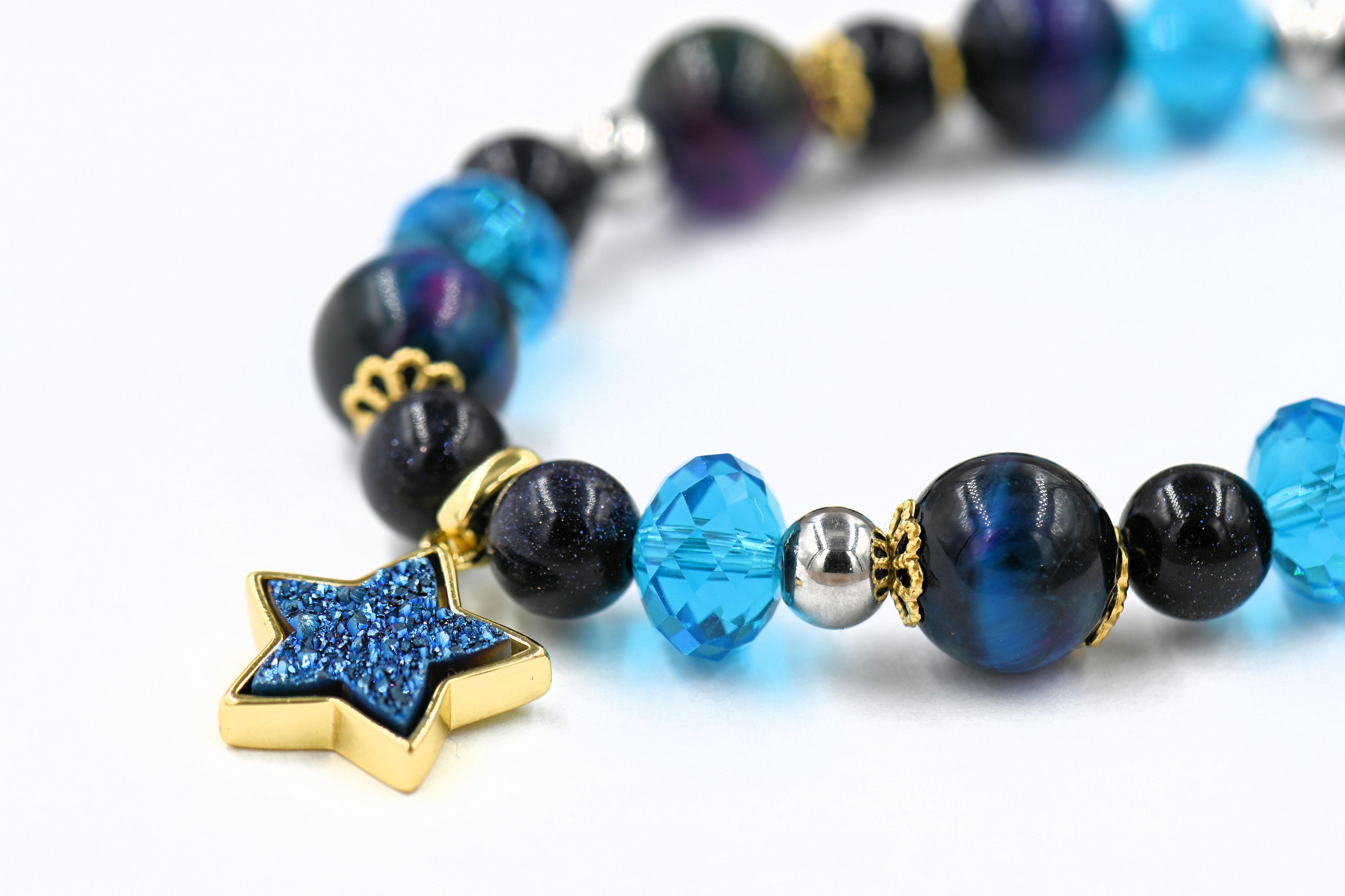 Galaxy Tiger's Eye Purple Blue Star Druzy Stretch Charm Bracelet