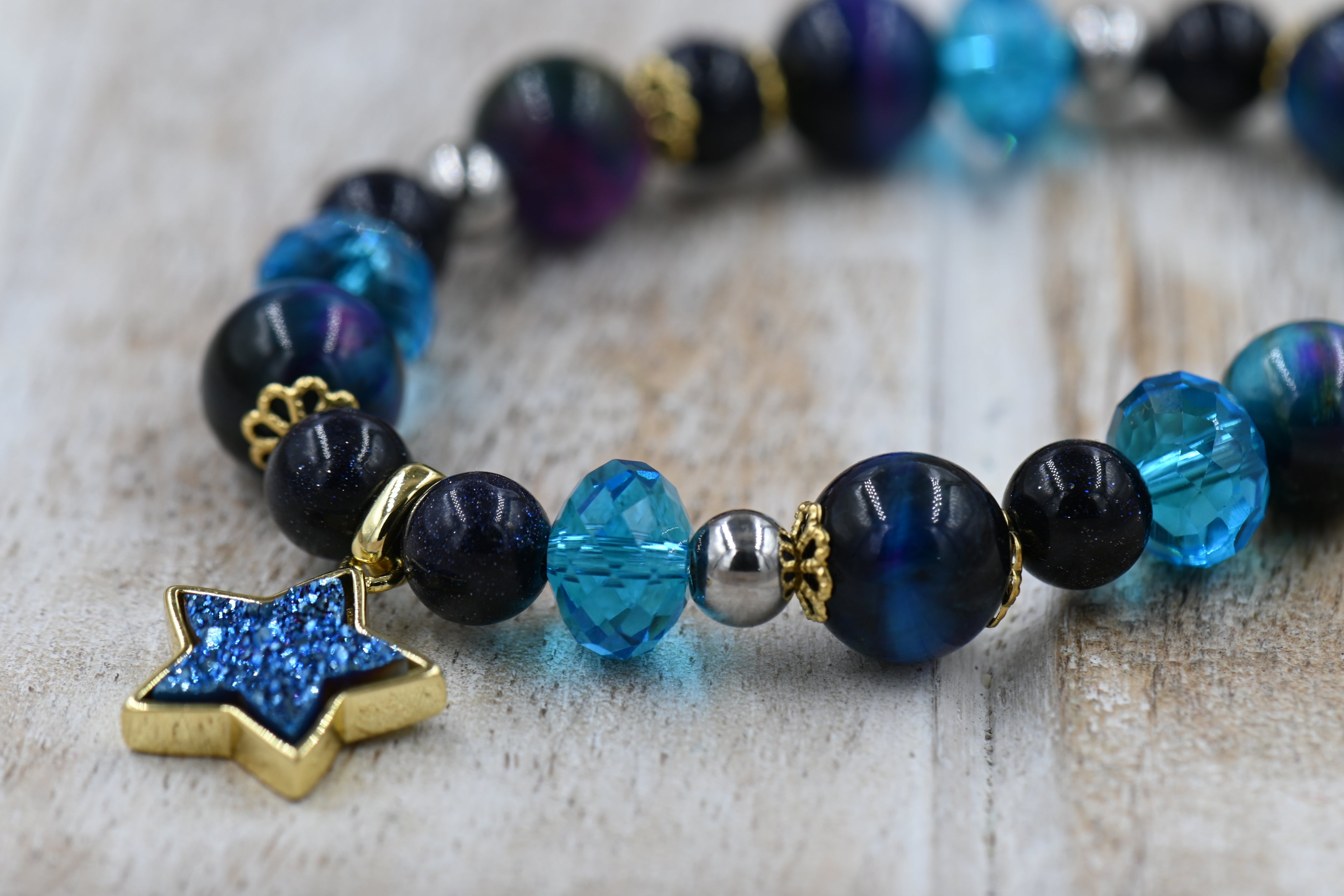 Galaxy Tiger's Eye Purple Blue Star Druzy Stretch Charm Bracelet