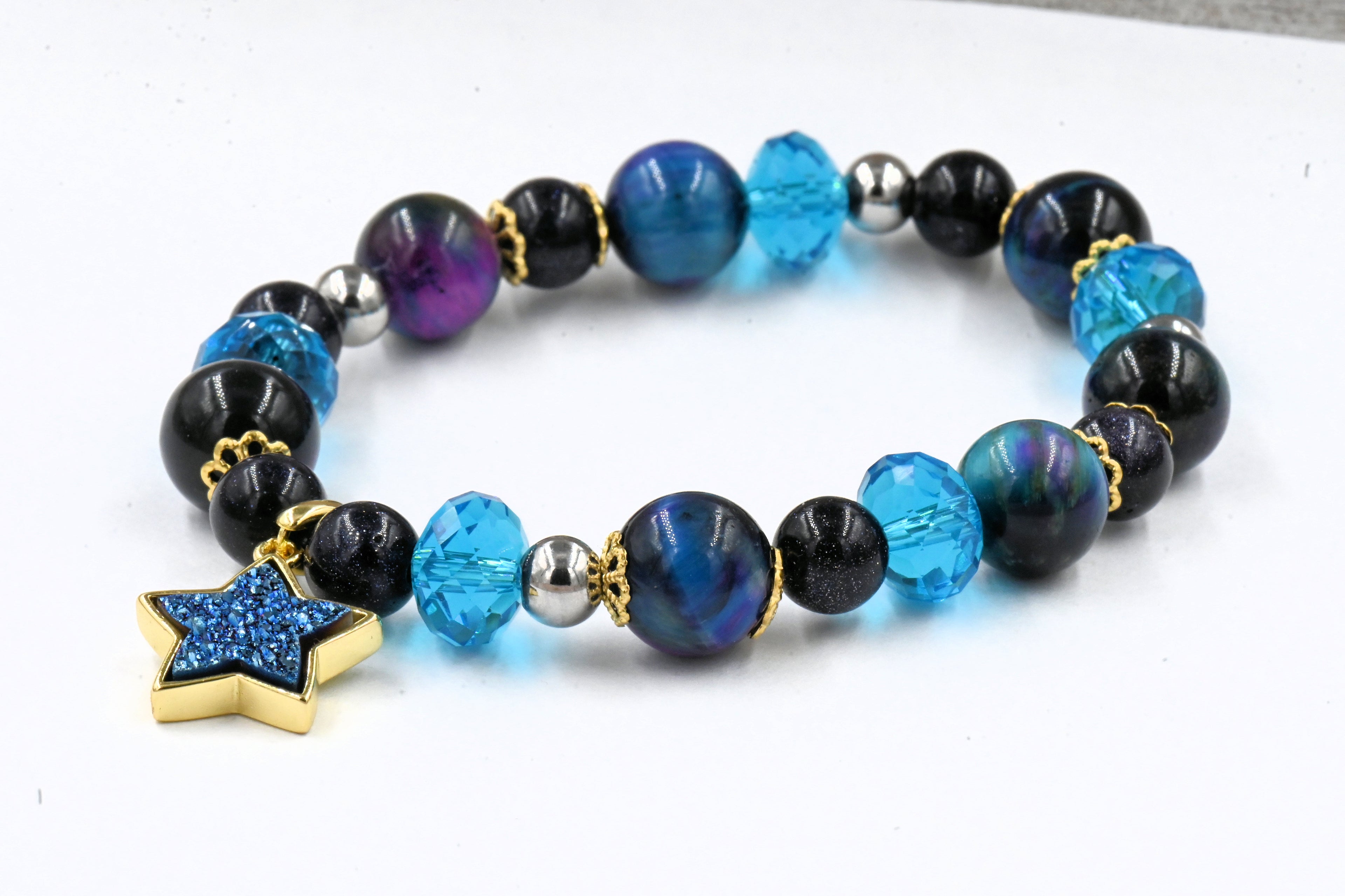 Galaxy Tiger's Eye Purple Blue Star Druzy Stretch Charm Bracelet