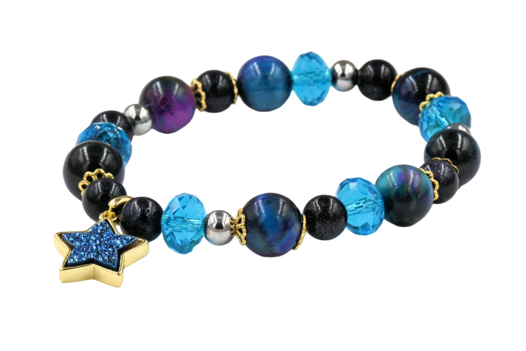 Galaxy Tiger's Eye Purple Blue Star Druzy Stretch Charm Bracelet