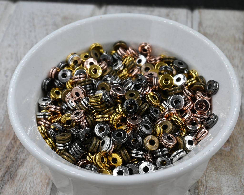 Tibetan Style Alloy Spacer Beads, 100pc Flat Round, Mixed Color, 6x2.5mm