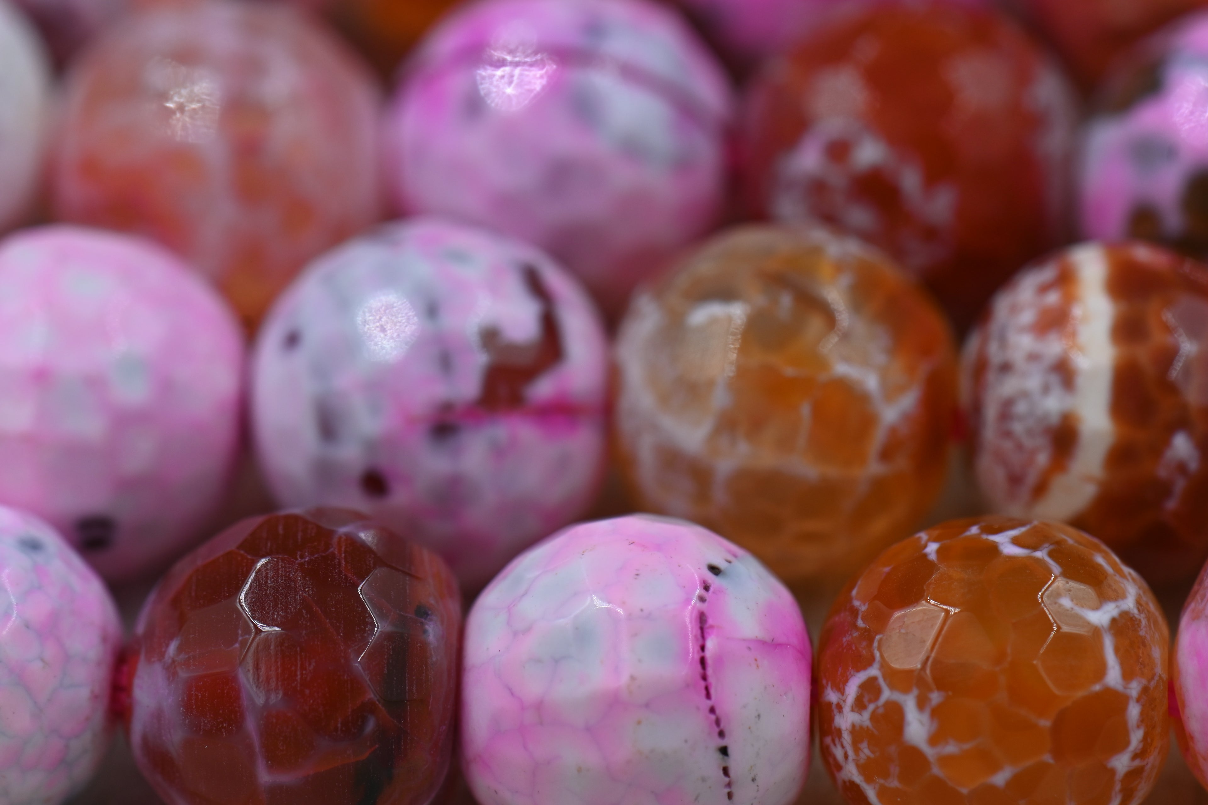 Pink Faceted Natural Fire Crackle Agate Beads Strands, Round, 12mm